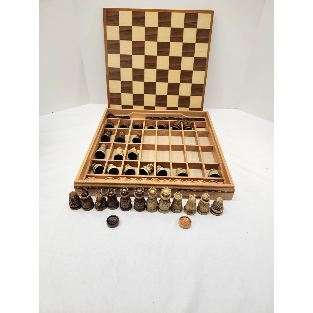 Dal Rossi 15 inch Walnut Chess and Checker Set with Storage Wooden Board Game